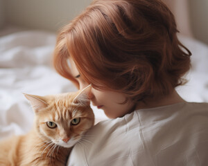 European woman sits in bed with cute ginger cat. Fluffy pet is facing camera. Domestic animal with curly young woman in bedroom. Tranquil scene at home.  - 724887332
