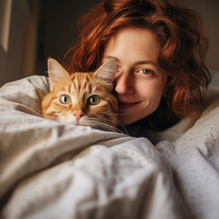 Smiling woman lies in bed with ginger cat. Close up portraits of pet and woman with curly red hair. Tranquil home scene at bedroom. Dark key photography.  - 724887507