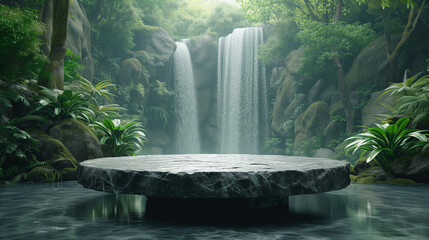 森の中の黒い大理石の石の台座テーブルの3Dモデル。商品ディスプレイ / バナー / モックアップ
Black marble stone table in the forest. 3D model. Display stage stand. Banner. Mockup [Generative AI]