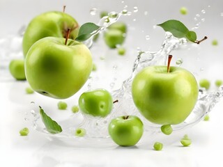 Conjunto de manzanas verdes flotando en un splash de agua fresca con hojas, natural