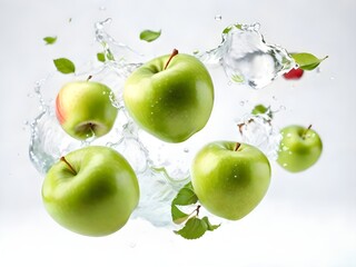 Conjunto de manzanas verdes flotando en un splash de agua fresca con hojas, natural