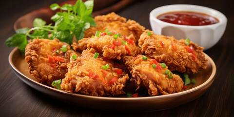 Crispy, Delicious Fried Chicken on White Plate with Spicy Sauce, a Tasty Meat Dish for Lunch or Dinner.