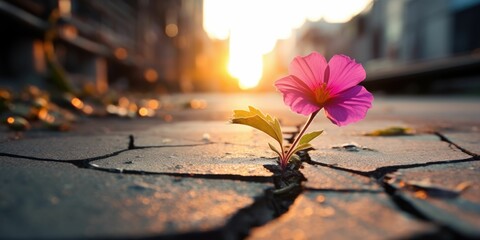 Close up, Pink flower growing on a crack street sunset background - Powered by Adobe