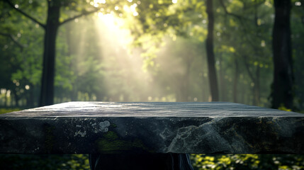 森の中の黒い大理石の石の台座テーブルの3Dモデル。商品ディスプレイ / バナー / モックアップ
Black marble stone table in the forest. 3D model. Display stage stand. Banner. Mockup [Generative AI] - obrazy, fototapety, plakaty