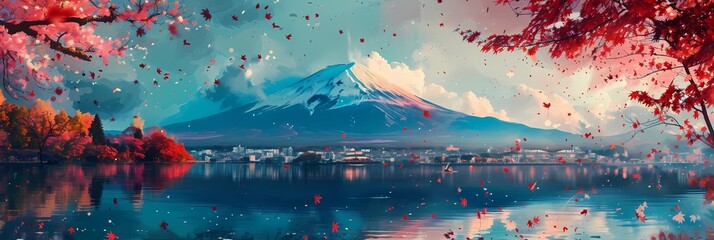 art of fuji mountains in japan, sakura pink leaves in nature generated ai - obrazy, fototapety, plakaty
