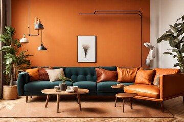 an AI-generated image showcasing a vibrant living room interior with a orange wall mockup in warm tones