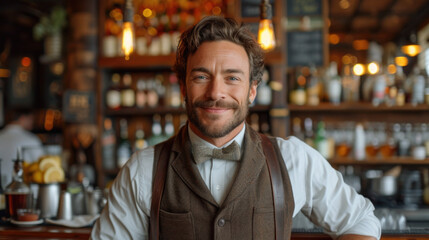Fototapeta premium In the bustling heart of an upscale cocktail bar, a charismatic bartender skillfully mixes drinks.