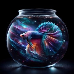 A mesmerizing miniature universe unfolds in a tank, where a Betta fish, a living canvas of celestial hues, mirrors the beauty of the cosmos. The colors blend seamlessly, reminiscent of a cosmic ballet