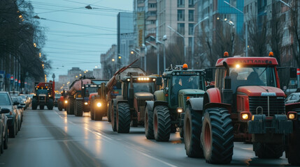 Many tractors blocked city streets and caused traffic jams in city. Agricultural workers protesting against tax increases, changes in law, abolition of benefits on protest rally in street