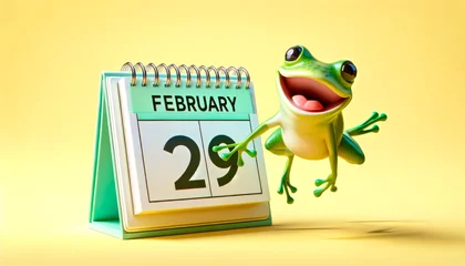 Foto auf Acrylglas Höhenskala Joyful frog celebrating Leap Day on a sunny calendar backdrop
