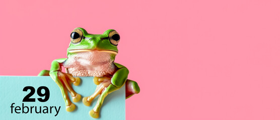 Frog sitting atop a calendar marked with February 29. Leap Day Calendar Date