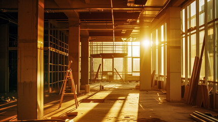 interior  of a construction site at sunset. generated by ai