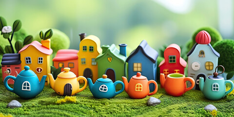 Fototapeta premium Teapot Haven: A Miniature Village Where Teapots Stand Tall as Houses, and Tea Cups Create Cozy Living Spaces for an Imaginative Community