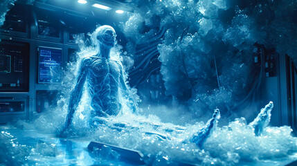 Humanoid figure awakening amidst ice crystals in a cryogenic revival scene
