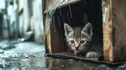  kitten takes shelter in a cardboard box on a rainy day. generated by ai - obrazy, fototapety, plakaty
