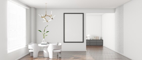 Stylish modern interior with a creative pendant light, featuring a round white table, sculptural grey chairs, sideboard with books, a framed blank canvas, and a potted plant, 3D render