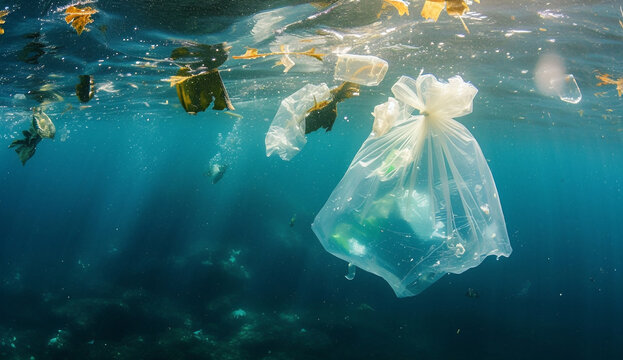 Underwater plastic bag garbage in the ocean.Plastic Disaster,Micro Plastic Pollution,Water Pollution Concept.