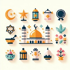 Set of Islamic doodle element related to holly Ramadan. Design concept Islamic symbols. Perfect for holy Muslim festival Ramadan.