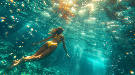Woman Free Diving in Sunlit Ocean, sun rays piercing the sea water