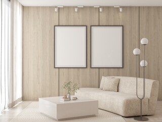 Fototapeta na wymiar Elegant neutral-toned living room with plush sofas, a white coffee table, a standing lamp, and a framed picture on the wall. 3D render