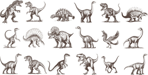 Set of Dinosaur, hand drawing, engraving, ink, line art, vintage vector	