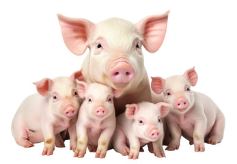 Domestic pigs, a sow and her cute piglets, cut out