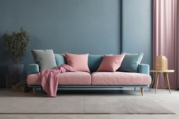 Modern living area with contemporary minimalist decor. Cropped, panoramic, mockup, flat lay of a gray sofa with blue and pink pillows at home against a gray background