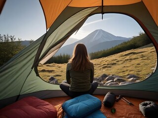 mujer acampando en la naturaleza, casa de campaña
