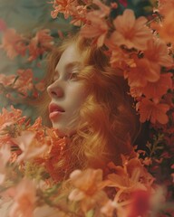 Portrait of a redhead woman with curly hair nested within blooming orange flowers