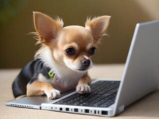 Perro chihuahua escribiendo en una computadora portatil