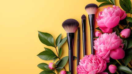 Obraz na płótnie Canvas Professional Different makeup brushes with pink spring flowers, generative ai