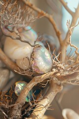 Fototapeta premium Pearlescent abalone shell elegantly placed on a deserted tree limb evoking a sense of serenity