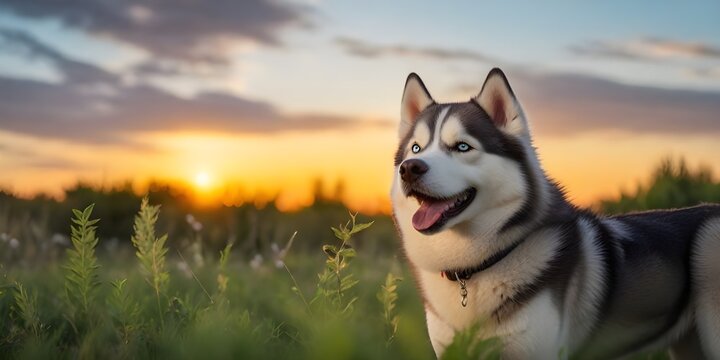 Hermoso perro de raza sonriendo, feliz al atardecer en un verde prado