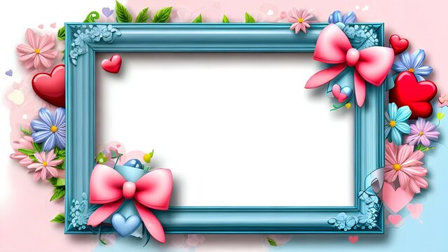 Blue frame with flowers Holiday card with flowers, hearts and bows on a pink background