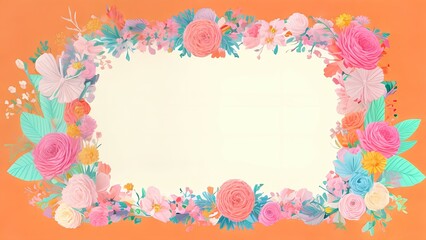 Blank white frame on orange background with colorful flowers,greeting card