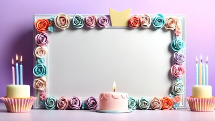 Festive composition, floral frame, candles on purple background with birthday greetings, Valentine's Day, place for text in the center