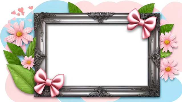 Festive composition, black frame on pink background with flowers, happy birthday, happy valentine's day, space for text in the center