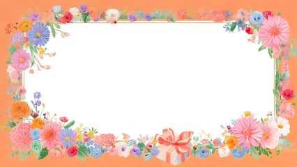 Fototapeta na wymiar Floral holiday card with colorful flowers on orange background
