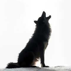 black wolf full body howling, light filtering, full white background