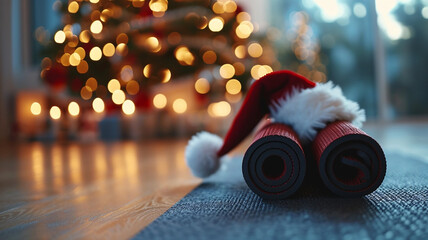 Rolls of yoga mat with Santa Claus hat on floor at home
