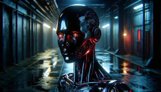 A neo-noir environmental portrait of a nightmarish android, standing in a dimly lit alley, with sleek obsidian and blood-red accents. Its cold, Created by using generative AI tools	
