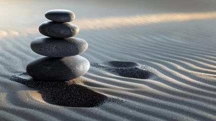 Photo sur Plexiglas Pierres dans le sable Zen garden with raked sand and balanced stones, portraying the simplicity and harmony associated with peace