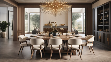 Elegant dining area with a long wooden table, stylish chairs, and ambient lighting 