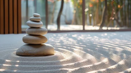Deurstickers Zen garden with raked sand and balanced stones, portraying the simplicity and harmony associated with peace © David