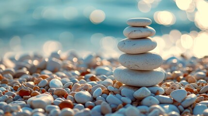 Fototapeta na wymiar Pebbles balancing on a beach, sea background. Sea pebble. Colorful pebbles. For banner, wallpaper, meditation, yoga, spa, the concept of harmony, balance. Copy space for text