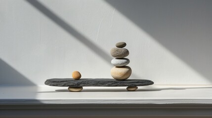 Pebbles balanced on a black plank placed on a round stone. Sea pebble. Balancing pebbles. For banner, wallpaper, meditation, yoga, spa, the concept of harmony, balance. Smooth river stones