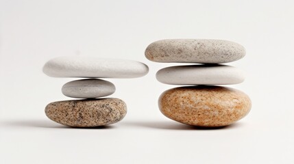 Fototapeta na wymiar Pebbles balancing on white background. Sea pebble. Balancing pebbles. For banner, wallpaper, meditation, yoga, spa, the concept of harmony, balance. Smooth river stones