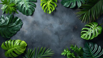 Watercolor Monstera Leaf on stone wall. Cute watercolor Philodendron tropical leaves. Banner, wallpaper, green background, exotic tropical wall, abstract floral pattern, illustration. - obrazy, fototapety, plakaty