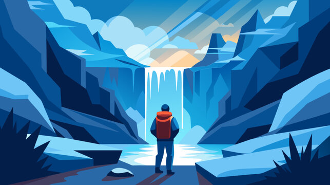 Explorer observing a frozen waterfall in a winter landscape vector illustration