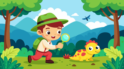 Obraz na płótnie Canvas Adventurous boy with magnifying glass looking at cartoon dinosaur in forest